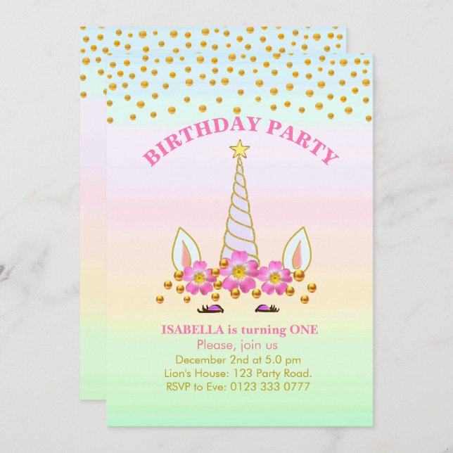 Invitación Cumpleaños de Unicornio, Flores y Confetti (Anverso / Reverso)