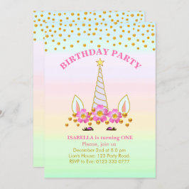 Invitación Cumpleaños de Unicornio, Flores y Confetti