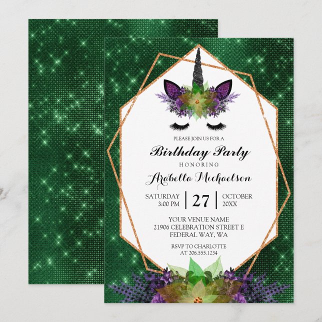 Invitación Cumpleaños de unicornio Halloween Floral Green Spa (Anverso / Reverso)
