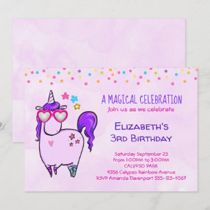 Invitación Cumpleaños de Unicornio Lindo con Gafas en Forma d