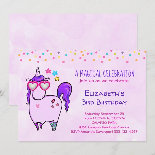 Invitación Cumpleaños de Unicornio Lindo con Gafas en Forma d (Anverso / Reverso)
