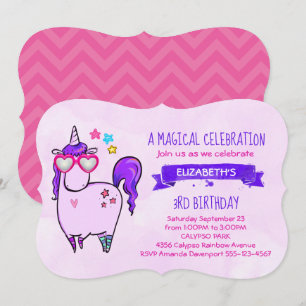 Invitación Cumpleaños de Unicornio Lindo con Gafas en Forma d