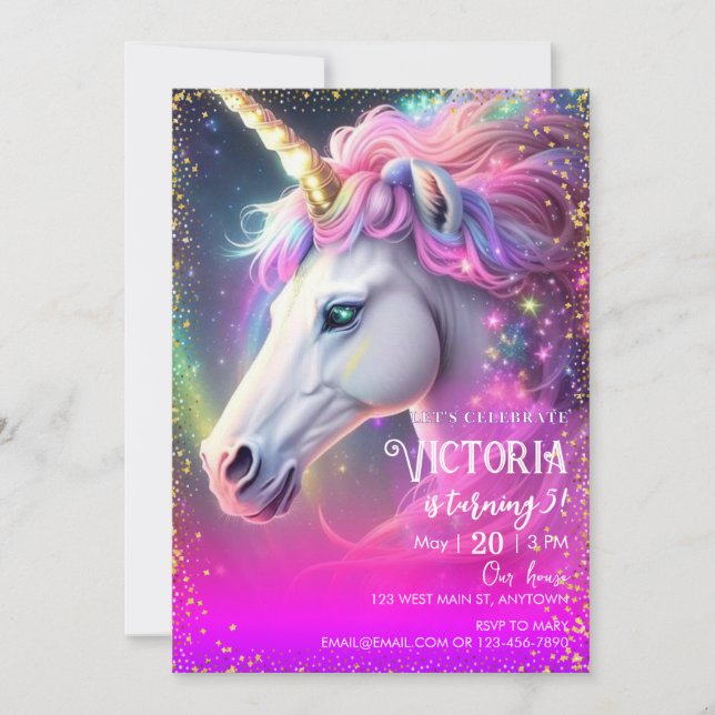 Invitación Cumpleaños de Unicornio Mágico (Anverso)