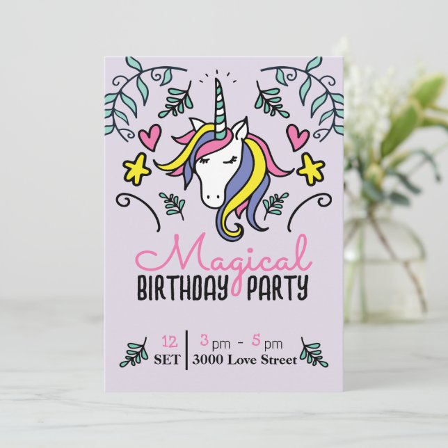 Invitación Cumpleaños de Unicornio Mágico (Anverso de pie)