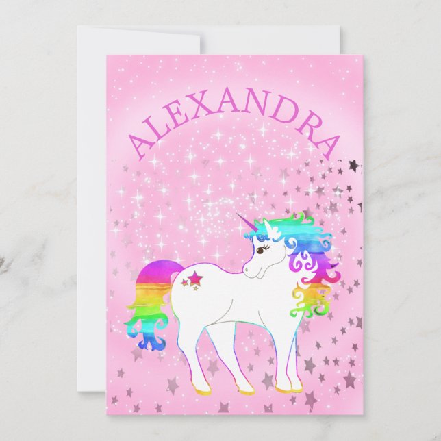 Invitación Cumpleaños de unicornio mágico arcoíris rosado (Anverso)
