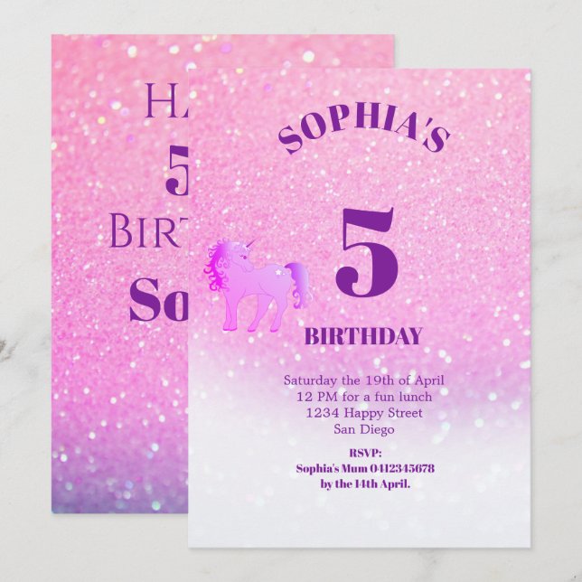 Invitación Cumpleaños de unicornio mágico morado purpurina (Anverso / Reverso)