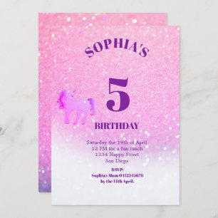 Invitación Cumpleaños de unicornio mágico morado purpurina