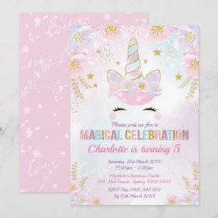 Invitación Cumpleaños de unicornio mágico / Oro púrpura rosa 