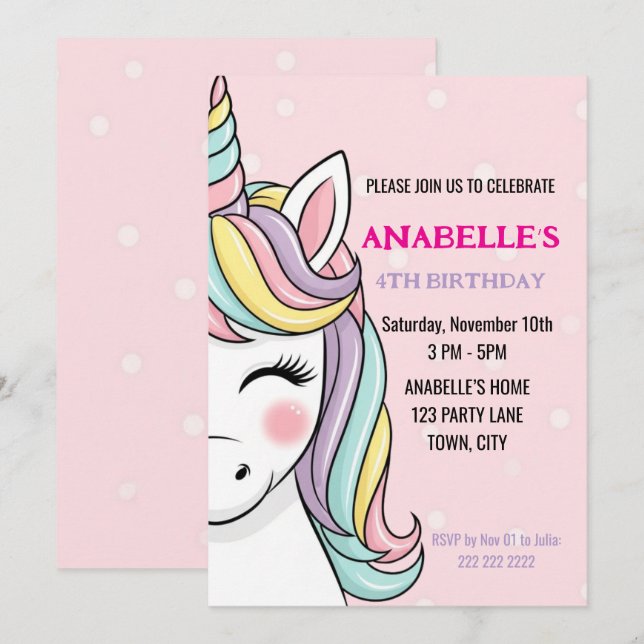 Invitación Cumpleaños de Unicornio Mágico Personalizado  (Anverso / Reverso)