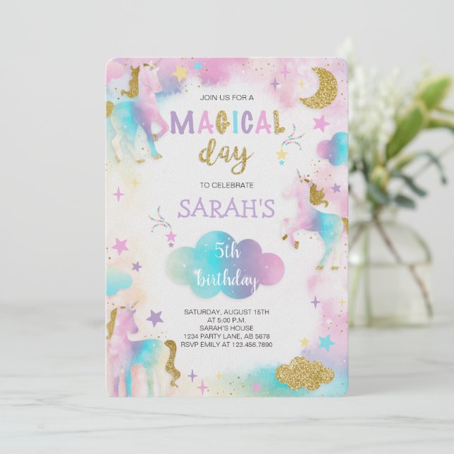 Invitación Cumpleaños de Unicornio mágico purpurina (Anverso de pie)