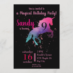 Invitación Cumpleaños de Unicornio mágico rosa y negro a la m
