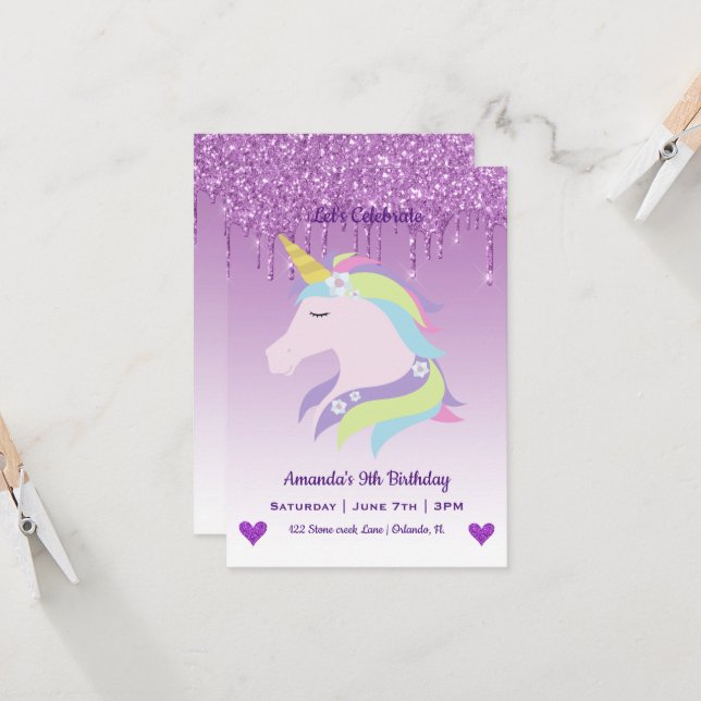 Invitación Cumpleaños de Unicornio Mágico y Corazones Lindos (Anverso/Reverso In Situ)