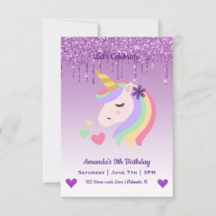 Invitación Cumpleaños de Unicornio Mágico y Corazones Lindos