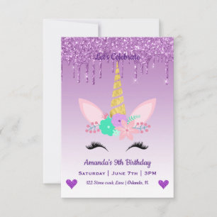 Invitación Cumpleaños de Unicornio Mágico y Corazones Lindos