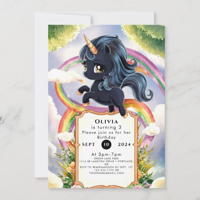 Invitación Cumpleaños de Unicornio negro arcoiris mágico (Anverso)