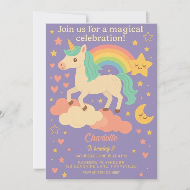 Invitación Cumpleaños de Unicornio para Chicas - Magnífico Fi (Anverso)