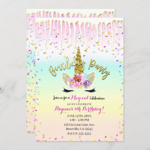 Invitación Cumpleaños de unicornio Pastel Rainbow Frosting Dr