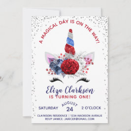 Invitación Cumpleaños de Unicornio, Patriótico Rojo, Blanco y