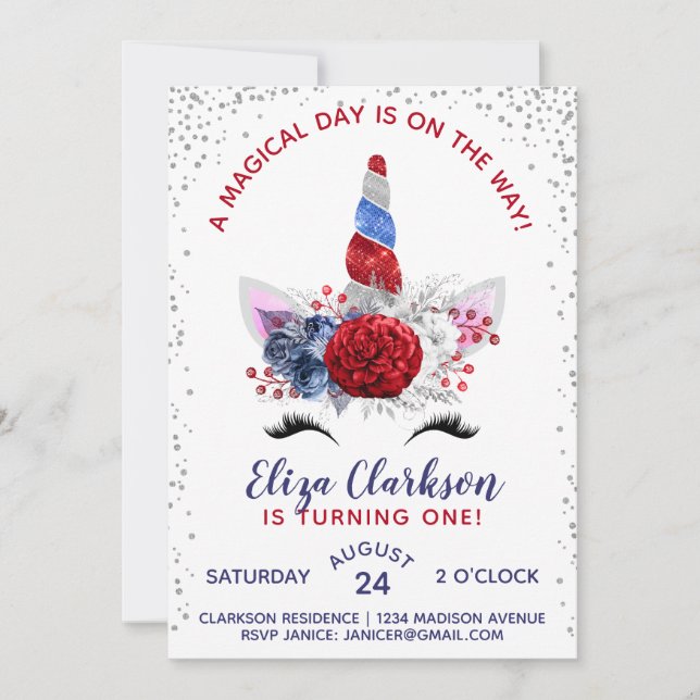 Invitación Cumpleaños de Unicornio, Patriótico Rojo, Blanco y (Anverso)