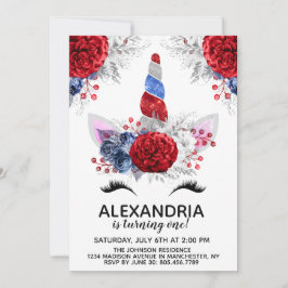 Invitación Cumpleaños de Unicornio, Patriótico Rojo, Blanco y