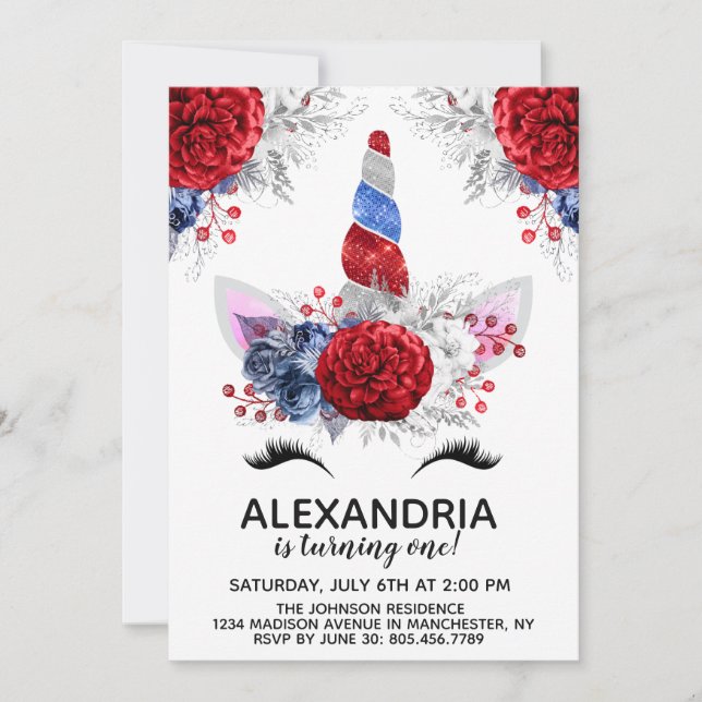 Invitación Cumpleaños de Unicornio, Patriótico Rojo, Blanco y (Anverso)