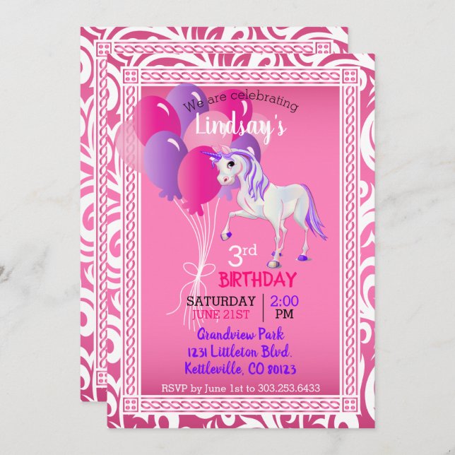 Invitación Cumpleaños de Unicornio personalizado (Anverso / Reverso)