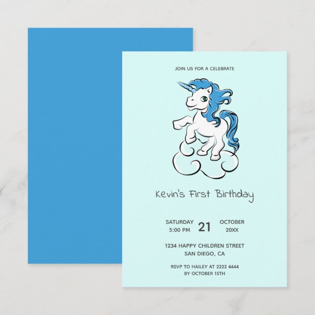 Invitación Cumpleaños de Unicornio personalizado (Anverso / Reverso)