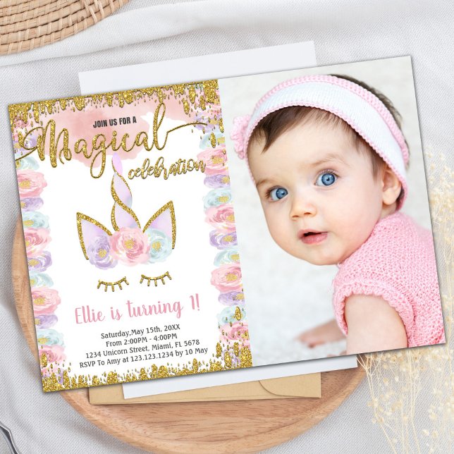 Invitación Cumpleaños de Unicornio, Purpurina mágico, con fot (Magical Glitter Unicorn Birthday with photo Invitation)