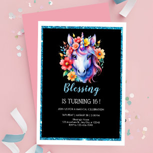 Invitación cumpleaños de unicornio, purpurina negro de moda