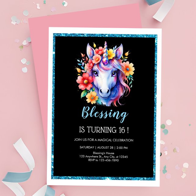Invitación cumpleaños de unicornio, purpurina negro de moda (Subido por el creador)
