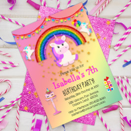 Invitación Cumpleaños de Unicornio, Purpurina rosa y arcoiris