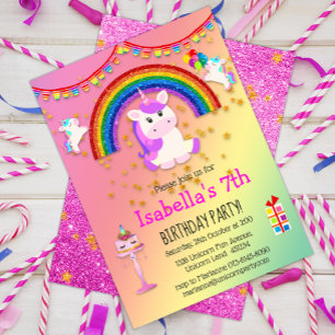 Invitación Cumpleaños de Unicornio, Purpurina rosa y arcoiris