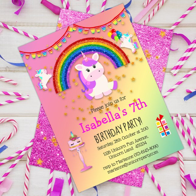 Invitación Cumpleaños de Unicornio, Purpurina rosa y arcoiris (Subido por el creador)