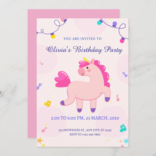 Invitación cumpleaños de unicornio rosa (Anverso / Reverso)