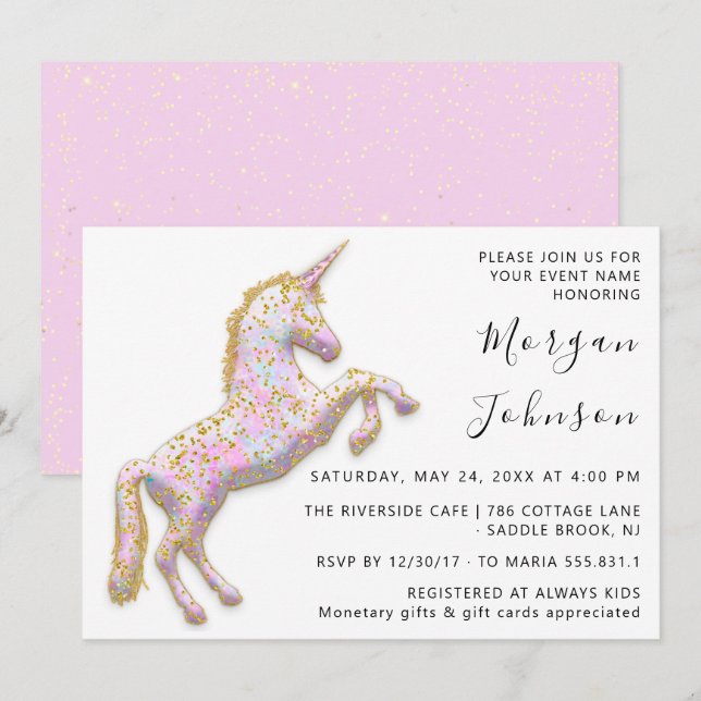 Invitación Cumpleaños de Unicornio Rosa Dios Caballo Blanco S (Anverso / Reverso)