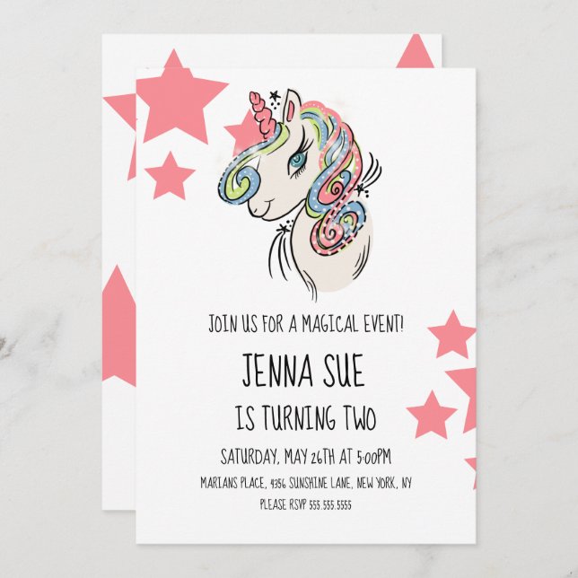 Invitación Cumpleaños de Unicornio Rosa Estrellas Dibujadas a (Anverso / Reverso)