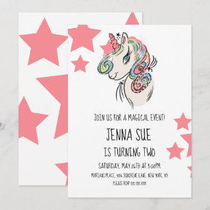 Invitación Cumpleaños de Unicornio Rosa Estrellas Dibujadas a