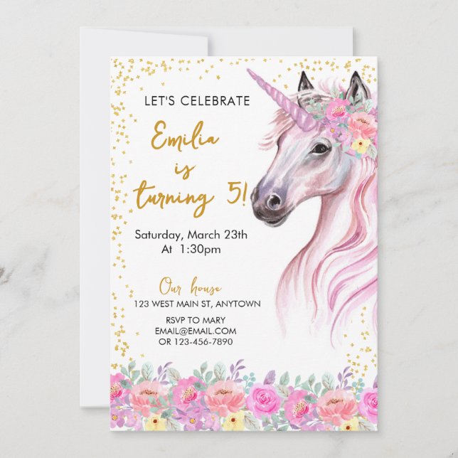 Invitación Cumpleaños de Unicornio rosa floral (Anverso)