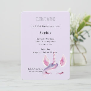 Invitación Cumpleaños de Unicornio Rosa Púrpura
