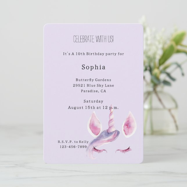 Invitación Cumpleaños de Unicornio Rosa Púrpura (Anverso de pie)
