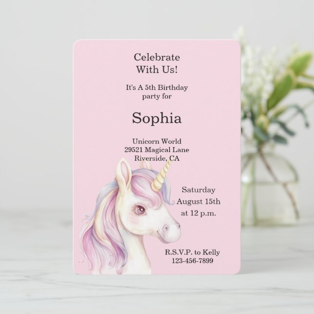 Invitación Cumpleaños de Unicornio Rosa Púrpura Lavanda (Anverso de pie)