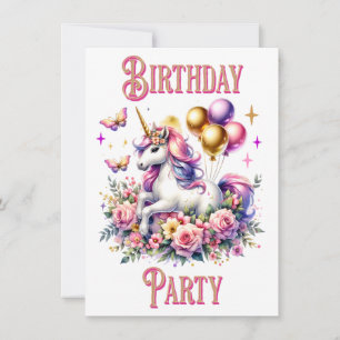Invitación Cumpleaños de Unicornio Rosa, Púrpura y Dorado Bon