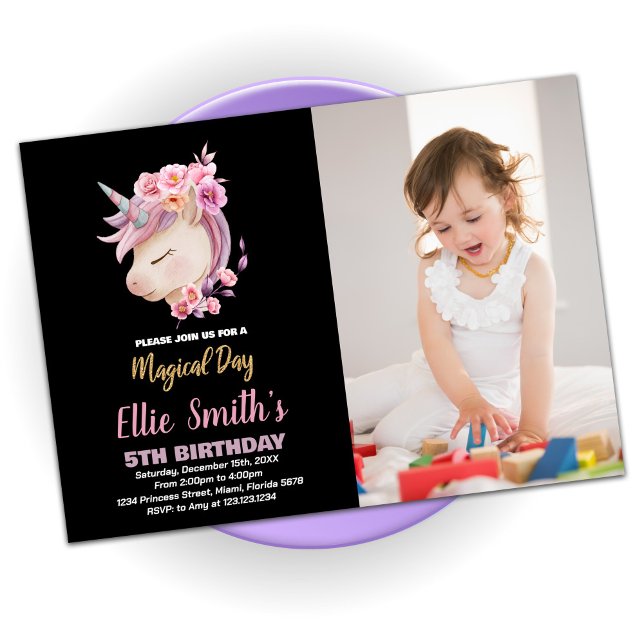 Invitación Cumpleaños De Unicornio Rosa purpurina Con Foto (Subido por el creador)