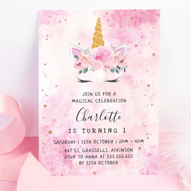 Invitación Cumpleaños de Unicornio rosa Verde azulado de las  (Subido por el creador)