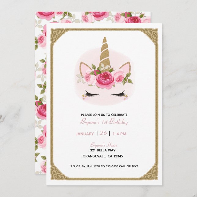 Invitación Cumpleaños de Unicornio Rosa y Dorado con Rosas Fl (Anverso / Reverso)
