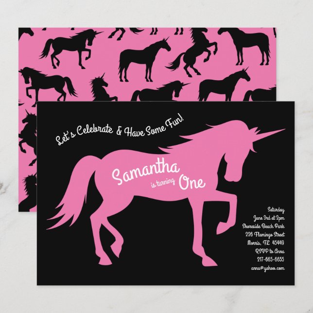 Invitación Cumpleaños de Unicornio Silueta 1er Fiesta de Cump (Anverso / Reverso)