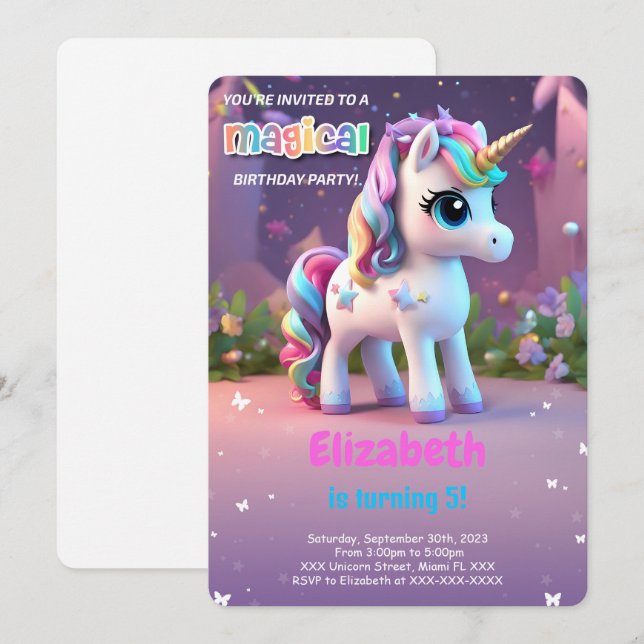 Invitación Cumpleaños de Unicornio, Sobre El Arcoíris (Anverso / Reverso)
