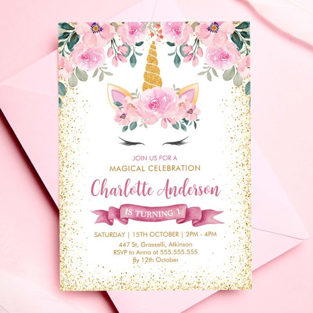 Invitación Cumpleaños de Unicornio Verde azulado con Purpurin (Subido por el creador)