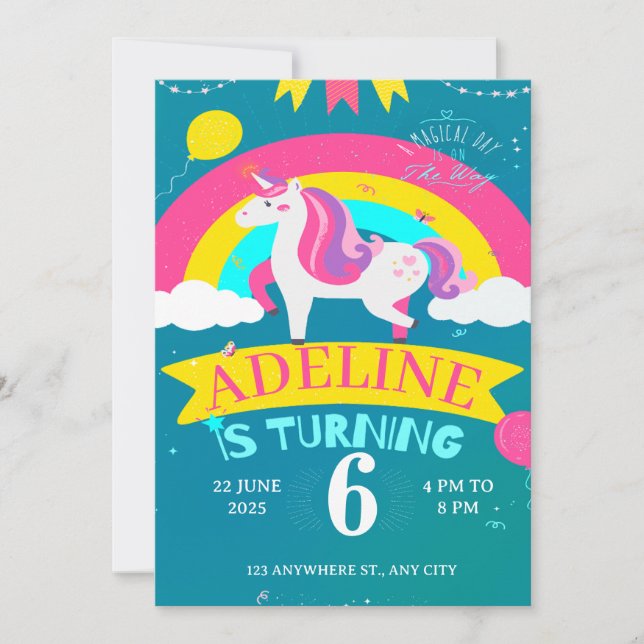 Invitación cumpleaños de unicornio y arcoiris (Anverso)