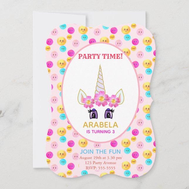 Invitación Cumpleaños de Unicornio y Caras Felices (Anverso)